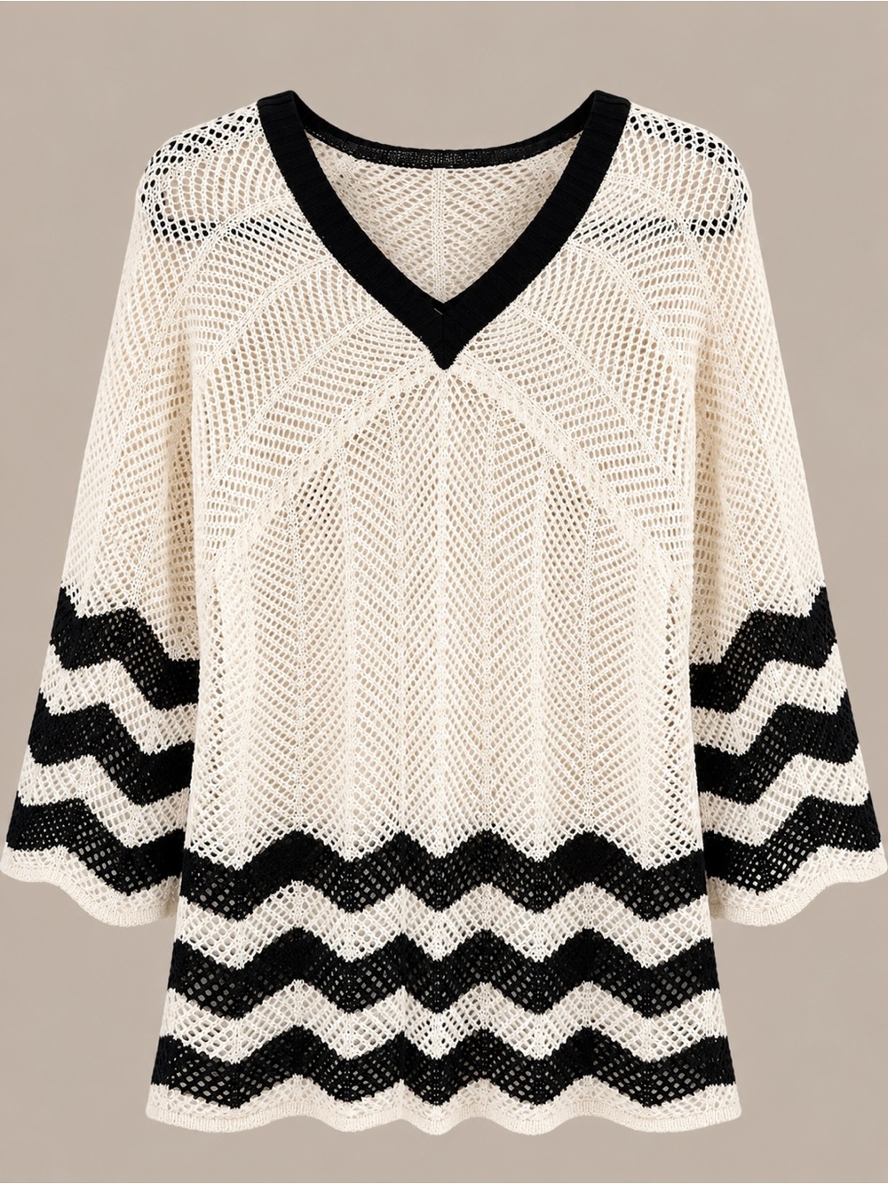 Woven V-Neck Sweater in Cream and Black